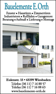 Banner von Bauelemente Orth in Wiesbaden mit Kontaktdaten sowie Informationen zu Garagentoren, Fenstern, Türen und Montageservice.