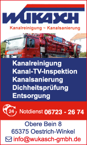 Banner von Wukasch Kanal- und Städtereinigungsbetrieb in Oestrich-Winkel mit Kontaktdaten sowie Leistungen rund um Kanalservice, Abscheider- und Rohrtechnik.