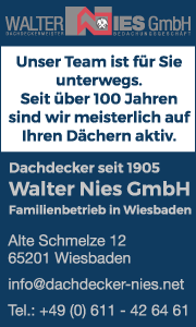 Banner der Nies GmbH Wiesbaden mit Kontaktdaten, spezialisiert auf Dachsanierung in Wiesbaden, Beratung und Angebote vor Ort