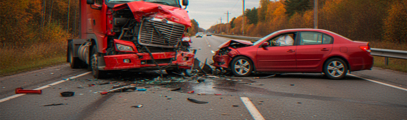 Beschädigter Lastwagen und Pkw nach schwerer Frontalkollision auf der Autobahn, bei der austretender Dieselkraftstoff fachgerecht entfernt werden muss.