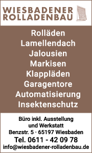 Banner von Wiesbadener Rolladenbau mit Kontaktdaten sowie Informationen zu Rollläden, Markisen, Jalousien und Sonnenschutzlösungen in Wiesbaden.