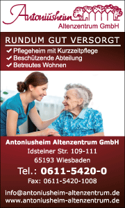 Banner mit Kontaktdaten und Leistungsinformationen des Antoniusheim Wiesbaden, inklusive Pflegeangebote und Ansprechpartner für Senioren.